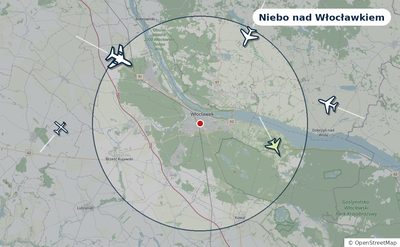 Mapa okolic miasta z sylwetkami samolotów — Niebo nad Włocławkiem